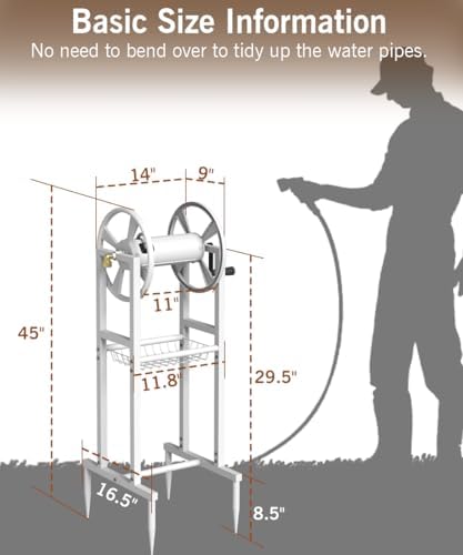 Garbuildman Ground Mount Garden Hose Reel Holds 125 Feet of 5/8-Inch with 3.9 ft Leader Hose, Brass Fitting, Water Hose Holder Stand with Storage Rack & 4 Spikes Base for Outdoor Lawn, White - Image 5