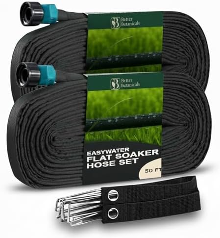 100 FT Flat Soaker Hose (2 x 50 FT) – Drip Irrigation for Garden Beds, Raised Beds & Landscaping – Kink-Resistant, Even Watering, Includes 16 Steel Stakes & Storage Straps by BetterBotanicals