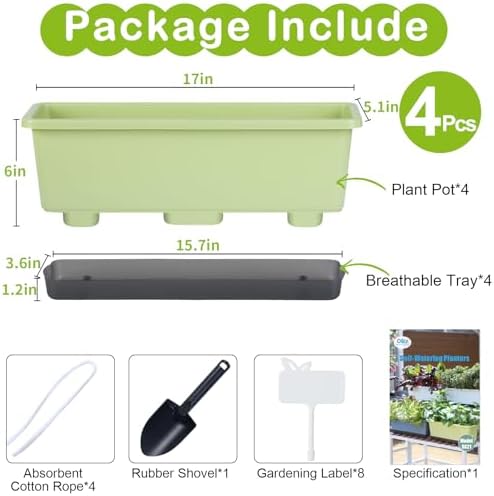 Window Box Planter 4 Packs, 17 Inches Rectangle Flower Pots with Drainage Holes & Trays, Pots for Vegetables, Herbs, Flowers, Garden Windowsill Balcony (Light Green, 17 * 5.1 * 6 inch) - Image 6