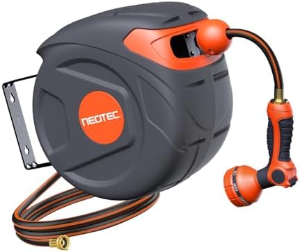 Heavy Duty Retractable Garden Hose Reel 1/2" x 50ft, Wall Mounted, Any Length Lock, 9 Pattern Nozzle, Automatic Slow Return, 180° Swivel & UV Resistant Design by NEO-TEC