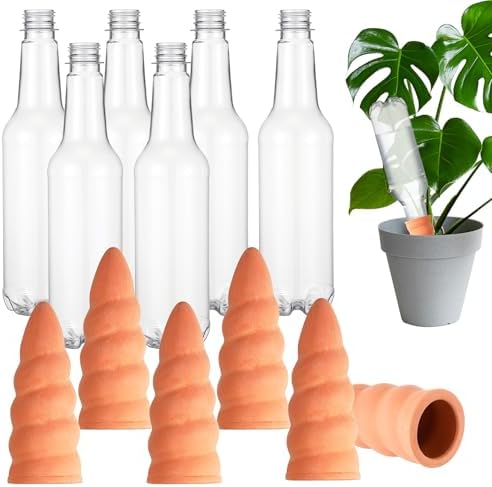 Baderke 6 Sets Plant Watering Stake Devices Include Terracotta Self Watering Spikes and 500 ml Plastic Wine Bottles for Vacation Indoor Outdoor Plant by Baderke