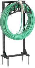 YQSLYSF Garden Hose Reel Holder, Water Hose Stand with 4 Stake and 2 Tool Hooks, Heavy-Duty Metal Hose Storage Holds 150Ft, Freestanding Hose Hanger Rack for Outside, Yard, Lawn, Farm（White） by YQSLYSF