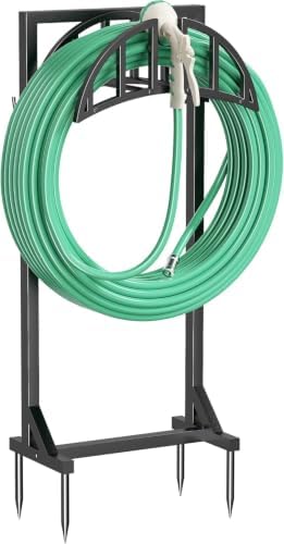 YQSLYSF Garden Hose Reel Holder, Water Hose Stand with 4 Stake and 2 Tool Hooks, Heavy-Duty Metal Hose Storage Holds 150Ft, Freestanding Hose Hanger Rack for Outside, Yard, Lawn, Farm（White） by YQSLYSF