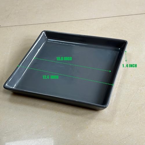 Square Ceramic Plant Saucer Tray 10 11 12 Inch Grey,12.4" OD x10.8 ID x1.4 Deep, Sturdy Heavy Duty Glazed Planter Drip Flower pots with Catch Basin for Indoor Outdoor Plants(12" Grey) - Image 2