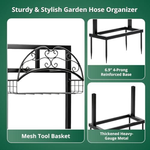 Black Garden Hose Holder Stand, Heavy Duty Freestanding Water Hose Storage Rack with 4 Anchor Spikes Nozzle Groove and Storage Basket Weather Resistant Iron Organizer for Yard Lawn Garden Farm Outdoor - Image 4