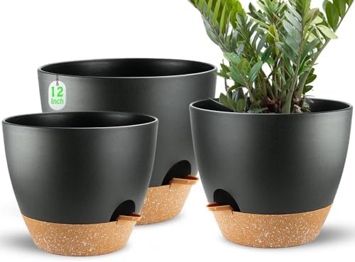 Large Self Watering Planters Plant Pots Outdoor 9/10/12 Inch for All House Plants Black Plastic Flower Pots with Drainage Hole Flower Pots for Indoor Plants Gift Idea for Home Decor by SESUN-E