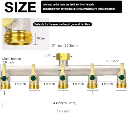 Heavy Duty Brass Garden Hose Splitter, 5-Way Faucet Splitter with 5 Extended Metal Handles, Outdoor Hose Splitter, GHT 3/4-Inch Heavy Duty Hex Female Inlet and 3/4-Inch Male Outlet, Nickel Plated - Image 2