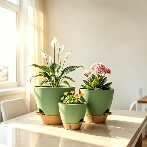 12"/10"/9"/8" Self Watering Pots with Visual Water Window,Extra Large Self Watering Plant Pots with Drainage Holes & Saucers,Green Planters for Indoor Plants,4-Pack - Image 7