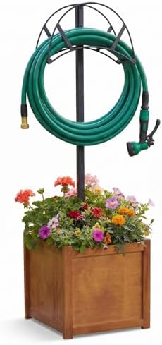 AceOrbit 2-in-1 Garden Hose Holder with Planter Box, Freestanding Heavy Duty Metal Water Hose Stand with Wooden Flower Pot 15.75", Detachable Organizer Rack for Patio Lawn Yard Garden Decor by Unknown