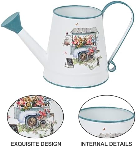 Cute Small Watering Can Indoor Plants Garden Metal Decorative Watering Cans for Outdoor Plants Bonsai Outdoor Garden Flower Decorative (White Blue, 1.5L, 50.7 Oz) - Image 4