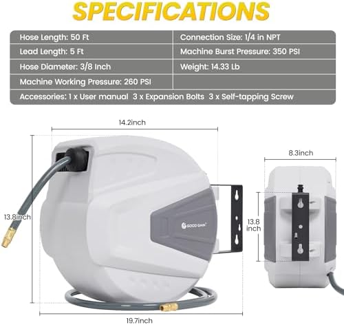 G GOOD GAIN Air Hose Reel Retractable 3/8 in x 50 ft Hybrid Polymer Hose, Air Compressor Hose Reel Retractable Auto-Rewind Enclosed 180° Swivel Mount, Max 300PSI Commerical Polypropylene Grey - Image 2