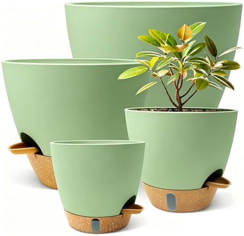 12"/10"/9"/8" Self Watering Pots with Visual Water Window,Extra Large Self Watering Plant Pots with Drainage Holes & Saucers,Green Planters for Indoor Plants,4-Pack by MNKXL