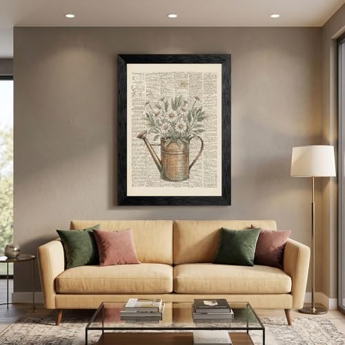 Framed Canvas Wall Art Vintage Mixed Media Watering Can Daisies Muted Watercolor on Newspaper Canvas Print Poster Black Frame Wall Decor for Living Room Cottagecore Art, Rustic Decor - 12x16 Inch - Image 5