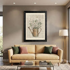 Framed Canvas Wall Art Vintage Mixed Media Watering Can Daisies Muted Watercolor on Newspaper Canvas Print Poster Black Frame Wall Decor for Living Room Cottagecore Art, Rustic Decor - 16x20 Inch - Image 5