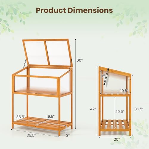Giantex Wood Cold Frame Greenhouse, Raised Flower Planter Protection with Transparent Openable Roof & Slatted Shelf, Indoor Outdoor Hot House for Garden Balcony, 36”x20”x42” - Image 6