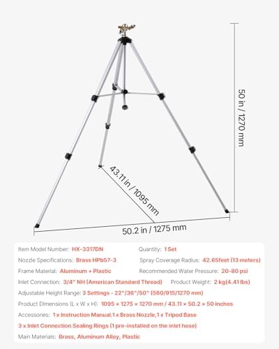 VEVOR Impact Sprinkler on Tripod Base, Heavy Duty Tripod Sprinklers with Brass Head & 3/4" Connector, 360 Degree Large Area Coverage Irrigation Sprinkler, Adjustable Heights for Yard Gray - Image 7