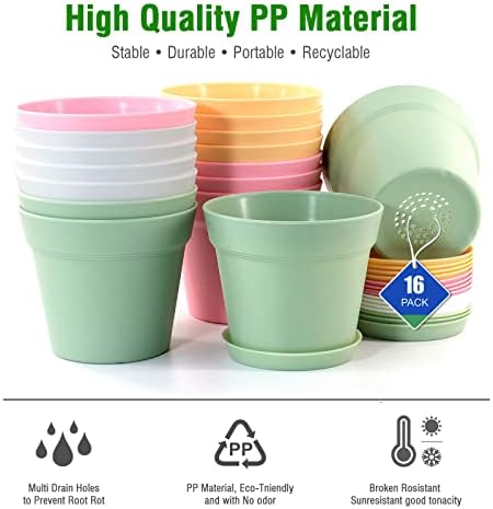 WOUSIWER 16 Pack 6 inch Plastic Planters, Indoor Flower Pots, Heavy Duty and Stylish 6 Inch Plant Pots for Indoor Plants with Drainage Holes and Tray for Plants, Flowers, Colorful - Image 5
