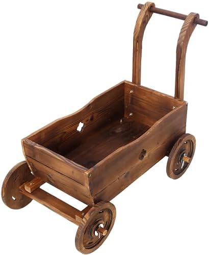 Wooden Wagon Planter with Wheels and Handle, 26.5 Inch, Brown - Image 4