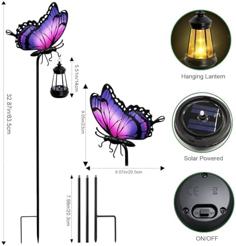 2 Pack Butterfly Solar Garden lights Outdoor Waterproof, Gift for Women Mom Grandma Daughter, Stake lights with Solar Lantern, Hanging Solar Light, Solar Path Light Yard Art Outside Patio Garden Decor - Image 2