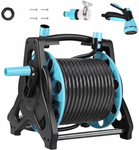 Wall-Mounted Garden Hose Reel, 100ft Retractable Water Pipe with 10-Pattern Spray Nozzle, Heavy-Duty PVC Resist-Kink Hose for Lawn, Car Wash, Gardening, All-in-One Kit 15M by Sarkoyar