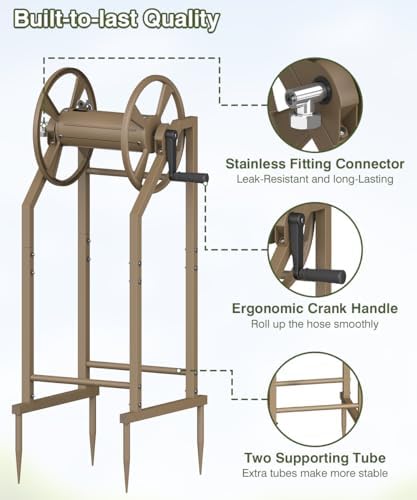 4-Spike Garden Hose Reel with 3.9ft Leader Hose & Stainless Fitting, Outdoor Hose Holder holds 125ft Hose of 5/8", Freestanding Metal Hose Stand for Outside Yard Lawn, Brown - Image 3