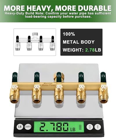 5 Way Hose Splitter, Heavy Duty Full Flow Garden Hose Splitter with 5 Large Metal Handles, Brass Water Hose Bib Splitter, T Adapter Connector with 3/4 - Inch GHT Thread (Green) - Image 5
