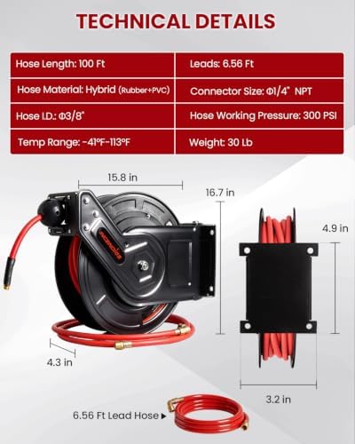 Retractable Air Hose Reel, Auto Rewind 3/8" x 100 FT Hybrid Polymer Hose - Image 2