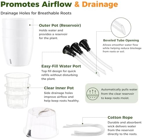 Upgraded Self Watering Pots for Indoor Plants, 12-Pack 5 Inch Top-Fill Self Watering Planter with Water Window, Orchid Pots, Clear Wick Inner Basket with Drainage, White - Image 6