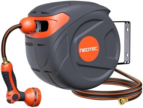 1/2" x 50ft Retractable Garden Hose Reel, Wall Mounted with Any Length Lock, 9 Pattern Nozzle, Automatic Slow Return, 180° Swivel, UV Resistant Heavy Duty Hose Reel for Outdoor Use by NEO-TEC