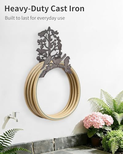 Cast Iron Garden Hose Holder Wall Mount, Rustic Heavy Duty Water Hose Hanger Storage Rack, Decorative Vintage Hose Reel Organizer for Outside Garden Yard Patio, Birds on Branch Design - Image 4
