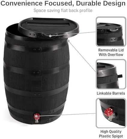 RTS Home Accents Premium 55-Gallon Eco Rain Barrel with Removable Lid, Flat Back Rain Water Collection Barrel, Made with 100% Recycled Plastic, Stand Included, Black - Image 4