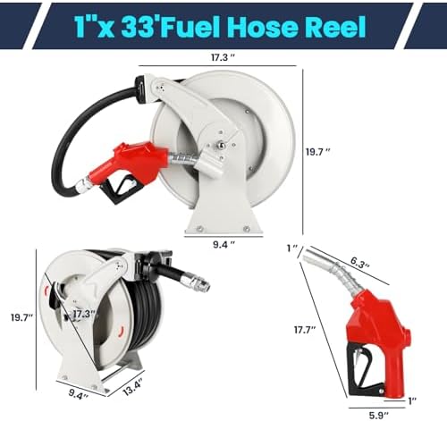 Fuel Hose Reel 1" x 33Ft, Retractable Ratchet Reel with Fueling Nozzle - Image 6