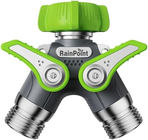 RAINPOINT Garden Hose Splitter, 2 Way Heavy Duty Water Hose Y Spigot Splitter with Shutoff Valves, 100% Metal Body Outdoor Faucet Splitter, 1.9" Extra Long Metal Handle, 3/4" GHT Thread (2, Green) by RainPoint