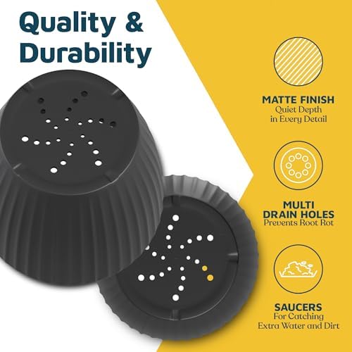 Black 6-Inch Plant Pots with Drainage & Saucers 24 Pack, Indoor & Outdoor Planters for Houseplants, Herbs, and Flowers, Durable & Weatherproof Material, Stackable, Lightweight, Minimalist Design - Image 6