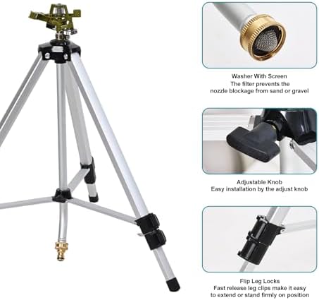 Impact Sprinkler Head on Tripod Base, Heavy Duty Lawn Sprinklers, 360 Degree Large Area Irrigation, Metal Sprinkler Nozzle with Solid Alloy Metal Extension Legs (36in) - Image 3