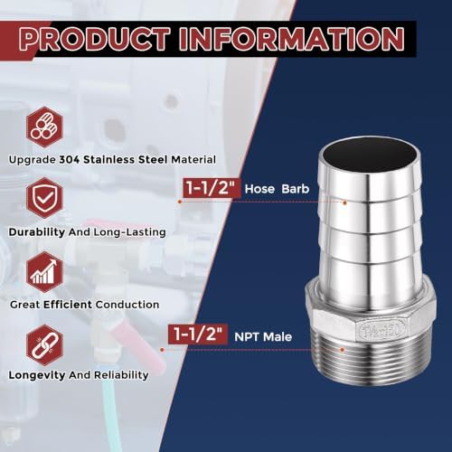 6pcs Stainless Steel Hose Barb Fittings 1-1/2"Barb to 1-1/2"NPT Male - Image 2