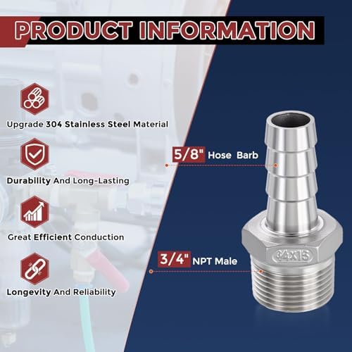 10pcs Stainless Steel Hose Barb Fitting 5/8" Barb to 3/4" NPT Male - Image 2