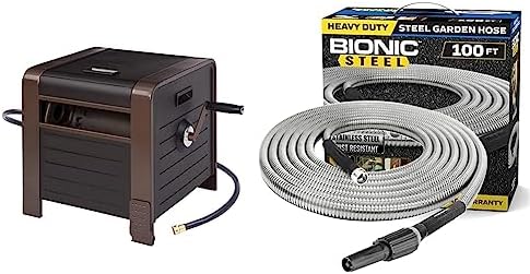 Liberty Garden 200' Hose Storage Box, Bronze, 23 x 16.9 x 18.15 inches & Bionic Steel 100 FT Flexible Stainless Steel Garden Hose by LibertyGardenProducts