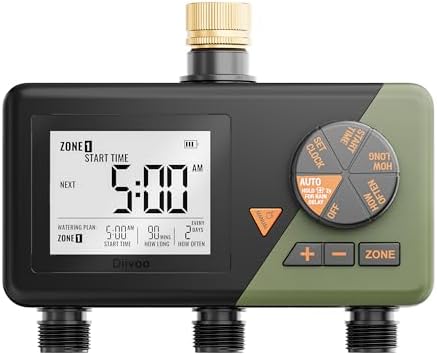 Brass Sprinkler Timer 3 Zone, Diivoo Water Hose Timer 3 Outlet for Garden, Programmable Automatic Irrigation with Rain Delay and Manual/Auto Mode Watering for Lawn, Yard, Pool by Diivoo