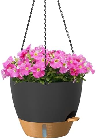 ZMTECH 12 Inch Large Self Watering Hanging Planters for Indoor Outdoor Plants - Water Level Indicator & Removable 60 Oz Reservoir, 1 Pack Plastic Hanging Basket for Window Porch Garden Balcony, Black by HighQualityGardeningTools