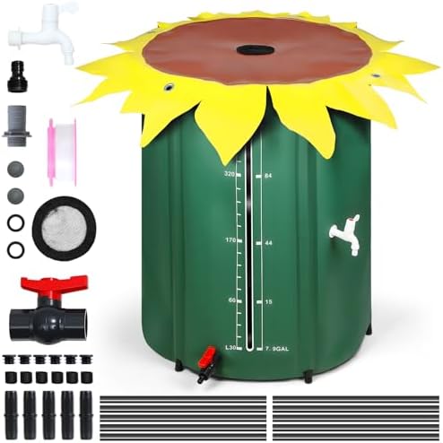 100 Gallon Collapsible Rain Barrel, Sunflower Style Folding Water Bucket - Garden Irrigation with Spigot, Overflow Kit & Mesh Top - Portable Water Storage Tank for Yard Lawn Patio by PAPABALLC