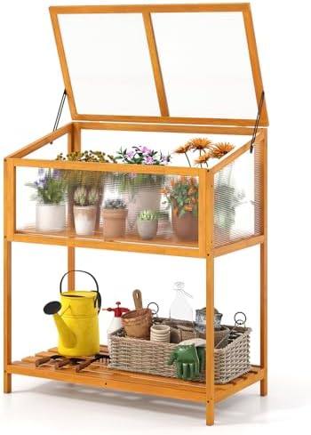 Giantex Wood Cold Frame Greenhouse, Raised Flower Planter Protection with Transparent Openable Roof & Slatted Shelf, Indoor Outdoor Hot House for Garden Balcony, 36”x20”x42” by Giantex