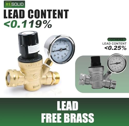 U.S. Solid 3/4 in GHT RV Water Pressure Regulator, Handwheel-Adjustable Lead-Free Brass Valve with 0-160 psi Gauge and Inlet Filter, for RV Camper Trailer and Garden Hose - Image 2