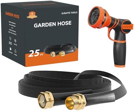 Giraffe Tools Garden Hose 25FT Lightweight Lay Flat Water Hose Kink Free Flexible Hose with 9 Spray Function Nozzle（Black） by GiraffeTools