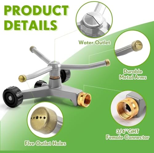 2 Pcs Metal Rotary Lawn Sprinkler 3 Arm Heavy Duty 360 Degree Automatic Revolving Whirling Water Sprinkler with Wheeled Base for Lawn Yard Garden Backyard, Cover up to 538 sq ft (Grey) - Image 4