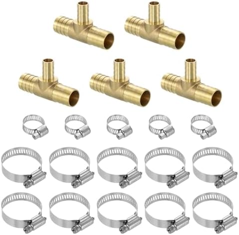 uxcell 5pcs Brass Tee Barb Fittings, 3-Ways Tee 3/4" x 1/2" x 3/4" Barbed Hose Reducer, Tee Brass Barb Fitting Reducer with 15pcs Hose Clamps for Water Fuel Air by uxcell