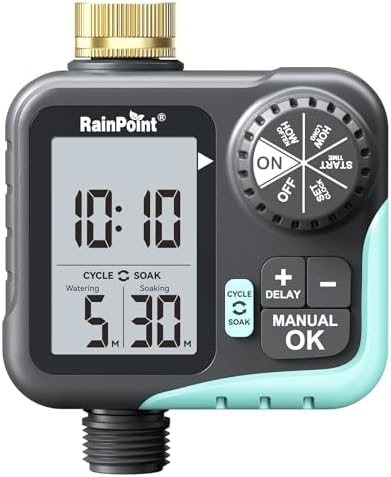 RAINPOINT Sprinkler Timer for Garden Hose - Hose Timer with Cycle & Soak/Rain Delay/Automatic Watering/Manual Watering, Programmable Irrigation System with Large Display for Lawn, Yard, Brass Inlet by RainPoint