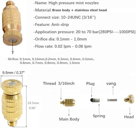 10 Pack 6MM Misting System Nozzle with 1/4" Slip Lock Fog Mist Nozzle Connector, High Pressure Brass Mister Head Clogging-Prevent for Landscaping, Air Humidification(Size:Orifice 0.6mm,) - Image 2