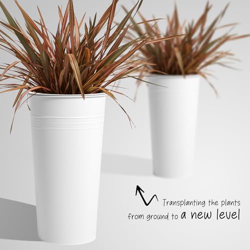 KOL 28'' Tall Galvanized Steel Planter Pot - Flower Pot with Water Level Indicator for Plants - 2-Pack Self Watering Planters - Round White Powder Metal Planter Box - Indoor Outdoor Grande Plant - Image 4