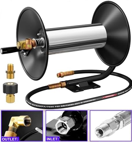 3/8" Heavy Duty Steel Pressure Washer Reel, 100FT High Pressure Hose Reel with Hand Crank, 4000 PSI Power Washer Hose Reel Swivel Arm for Liquid/Air/Water Use - Image 2